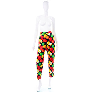 1980s Escada Vintage Novelty Apple Print Black Yellow Green and Red Pants