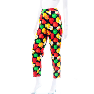 Late 1980s Escada Vintage Apple Print Black Yellow Green and Red Pants