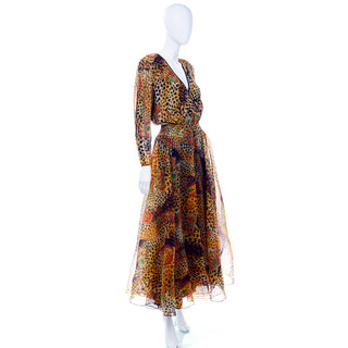 Diane Freis 1980s Vintage Deadstock Silk Animal Print Dress Low V Front