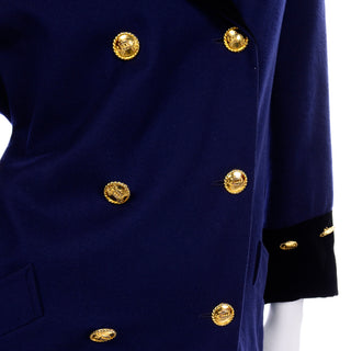 Escada Vintage Blue and Black Cashmere Wool Long Blazer Jacket