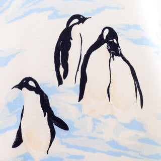 Escada Margaretha Ley 1980s Blue Black Ivory Penguin Novelty Print Silk Blouse