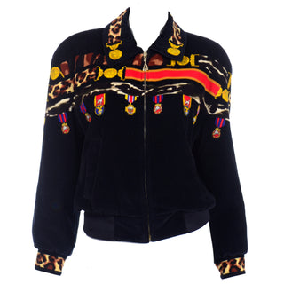 1980s Escada Margaretha Ley Vintage Black Velvet Jacket w Medal & Animal Print