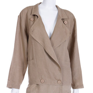 1980s Margaretha Ley Escada 2 Pc Khaki Tan Flax Linen Jacket & Skirt Suit