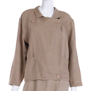 1980s Margaretha Ley Escada 2 Pc Khaki Tan Linen Jacket & Skirt Suit Versatile