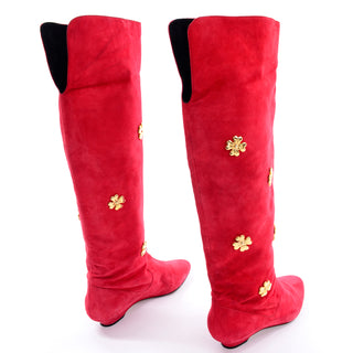 Escada Vintage Black & Red Suede Boots With Gold Clover