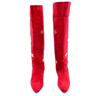 Escada Vintage Red Suede Boots With Gold Clover 80s