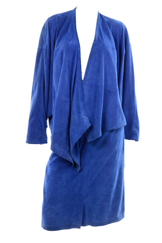 1980s Escada Blue Polka Dot Suede Asymmetrical Jacket & Skirt