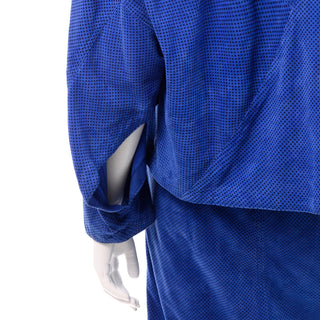 1980s Escada Blue Polka Dot Suede Asymmetrical Jacket & Skirt