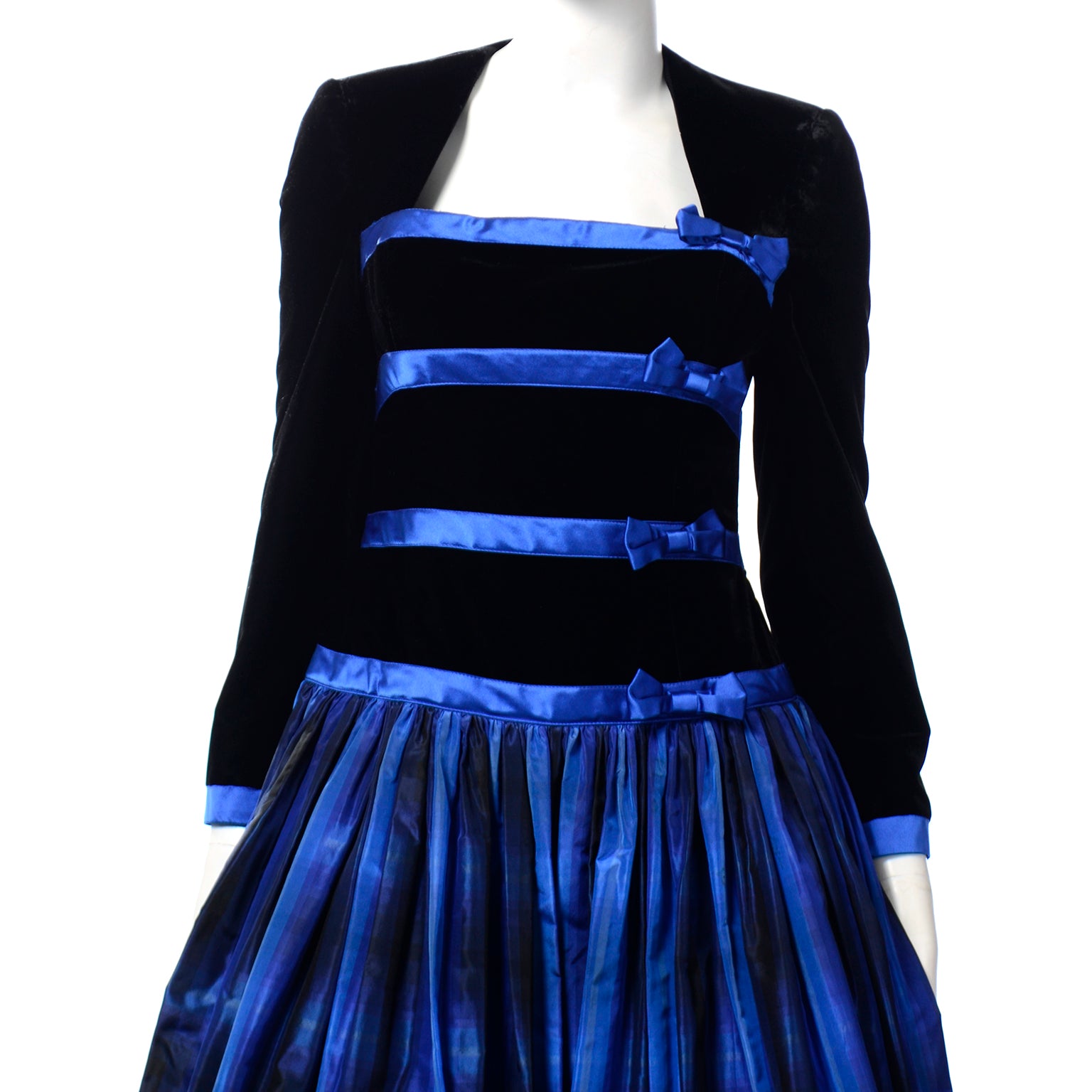 Vintage Escada Couture Black & Blue Velvet & Plaid Silk Taffeta Dress   Modig