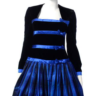 Escada Couture vintage dress in silk Blue and Black Plaid Black Velvet Evening Gown