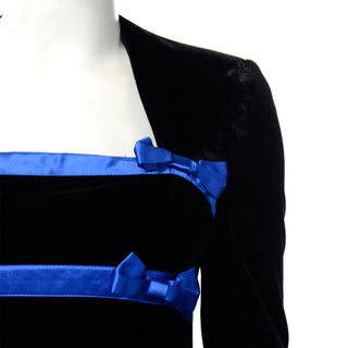 Escada Couture vintage Blue and Black Plaid Black Velvet Evening Gown pretty bows