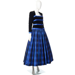 Escada Couture vintage Blue and Black Plaid Black Velvet Evening Gown  Dress
