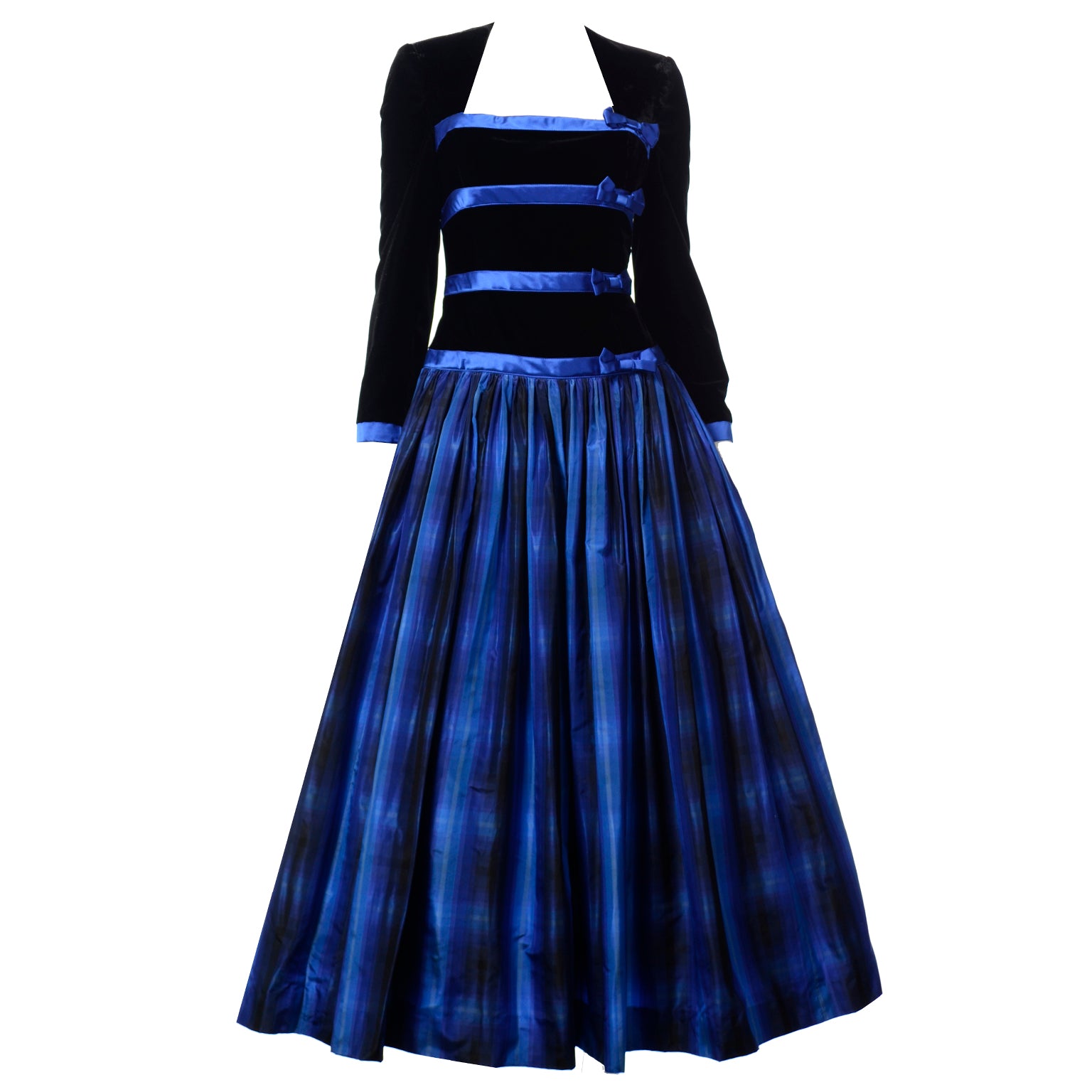 Vintage Escada Couture Black & Blue Velvet & Plaid Silk Taffeta Dress Modig Vintage Escada Couture Black & Blue Velvet & Plaid Silk Taffeta Dress Modig