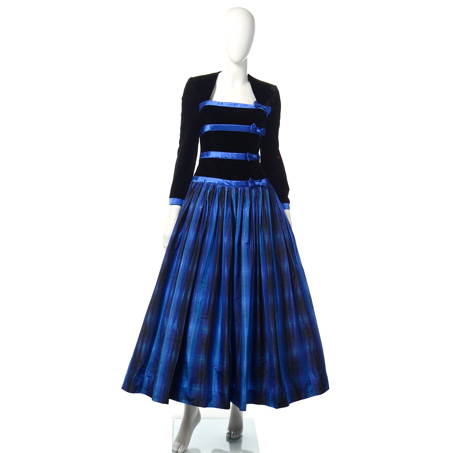 Vintage Escada Couture Black & Blue Velvet & Plaid Silk Taffeta Dress Modig Vintage Escada Couture Black & Blue Velvet & Plaid Silk Taffeta Dress Modig