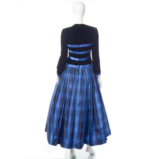 Escada Couture vintage Blue and Black Plaid Black Velvet Evening Gown with ribbons and bows