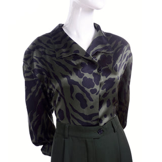 1980's Vintage Escada Silk Army Green & Navy Animal Print Blouse