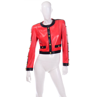 1980s Escada by Margaretha Ley Vintage Red & Black Leather Jacket w Studs