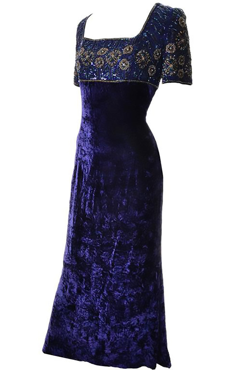 Escada Couture Purple Crushed Velvet Vintage Dress Evening Gown w/ Beading Sequins 40 Escada Couture Purple Crushed Velvet Vintage Dress Evening Gown w/ Beading Sequins 40