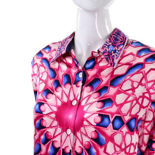 Abstract radial design silk blouse in pink and blue by Escada in the 1980's