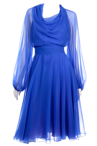 1970s Estevez Blue Chiffon Vintage Dress w/ Sheer Balloon Sleeves