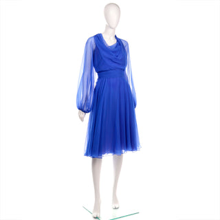 1970s Estevez Blue Chiffon Vintage Dress w/ Sheer Balloon Sleeves