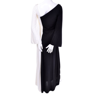 1970s Estevez Deadstock Vintage Black & White Jersey Dress New W Tags Asymmetrical v back