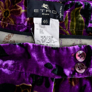 Size Large Etro Italy Purple Floral Velvet Trousers Pants
