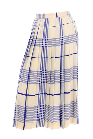 1980s Evan Picone Cream Wool Blue Plaid Pleated Midi Skirt