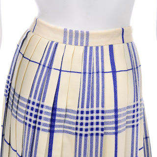 1980s Evan Picone Cream Wool Blue Plaid Pleated Midi Skirt