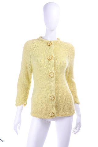 Famelia Frappe Pale Yellow Mohair Cardigan w/ Gold Buttons Size Medium