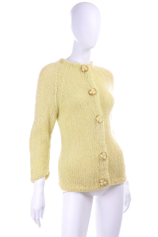 Famelia Frappe Pale Yellow Mohair Cardigan w/ Gold Buttons Size Medium