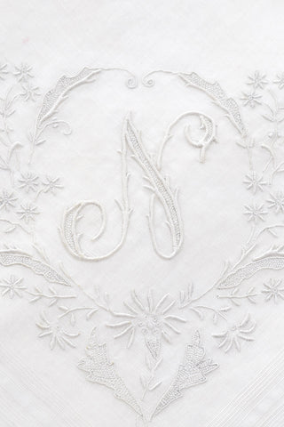 White Vintage Bridal Handkerchief Letter N