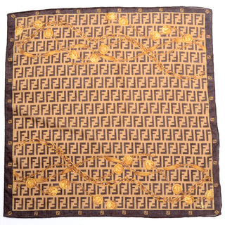 Square Fendi Vintage Gold Chain Belt Print Scarf in Brown and Soft Gold Cotton