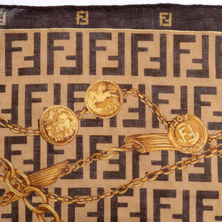 Fendi Vintage Gold Chain Belt Print Scarf in Brown and Soft Gold Cotton Zucca