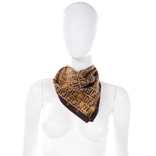 Fendi Vintage Gold Chain Belt Print Scarf in Brown and Soft Gold Cotton Zucca Logo