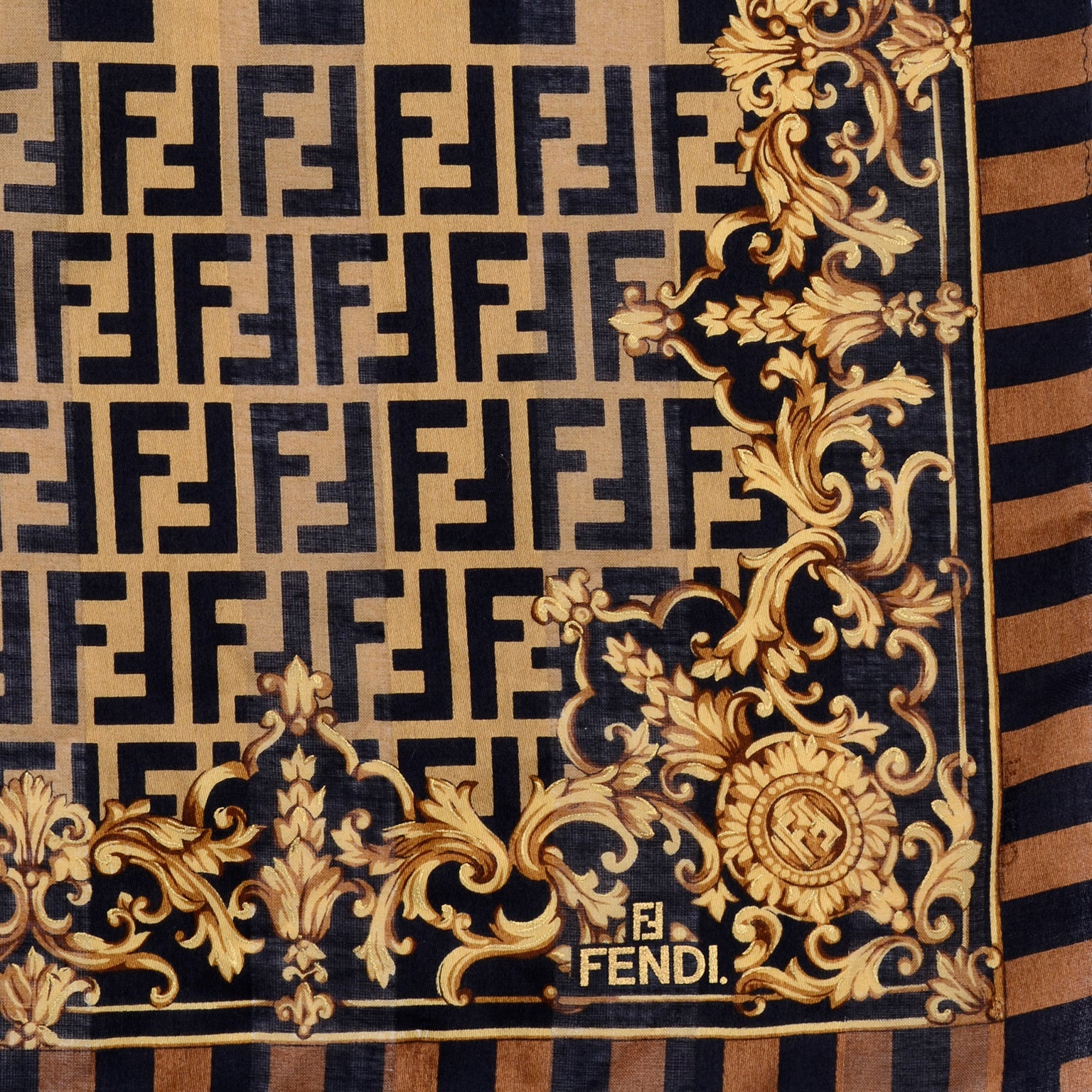Fendi Vintage Zucca Monogram FF Logo Striped Chain Motif Black & Brown Cotton Scarf