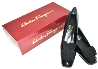 8.5 NEW in Original Box Black Patent Leather Salvatore Ferragamo Shoes - Dressing Vintage