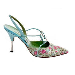 Carolyne Manolo Blahnic vintage slingback high heels in blue, silver and pink floral satin brocade