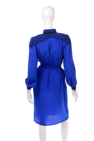 Francesca of Damon For Starington Blue Black Polka Dot Silk Dress 1980s