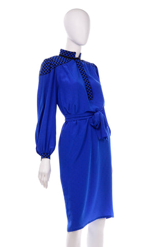 80s Francesca of Damon For Starington Blue Black Polka Dot Silk Dress