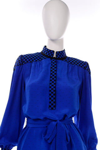 Francesca of Damon For Starington Blue Black Polka Dot Silk Dress 1980s high quality