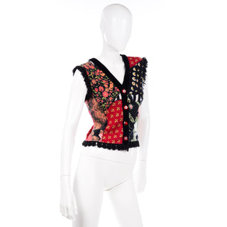 1990s Vintage Moschino Heart Patchwork Vest w Red Buttons 