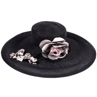 Vintage Frank Olive Wide Brim Hat woven black with roses