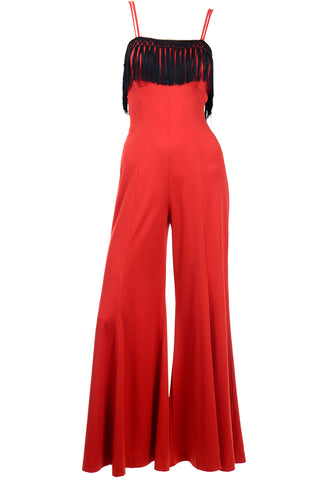 1970s Fredericks of Hollywood Red Jersey Jumpsuit with Black Fringe