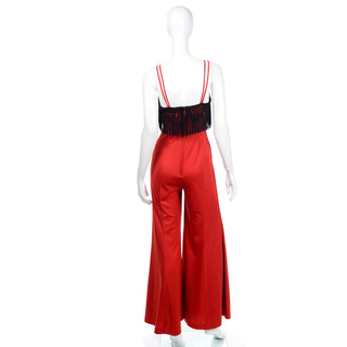 1970s Fredericks of Hollywood Red Jersey Wide Leg Jumpsuit with Black Fringe