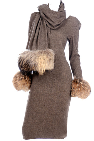 Gai Mattiolo Deadstock Fur Trimmed Wool Vintage Dress and Wrap