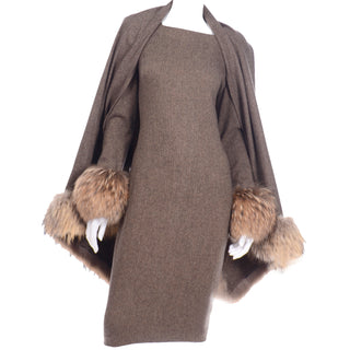 Gai Mattiolo Deadstock Fur Trimmed Wool Vintage Dress and Wrap w original tags attached