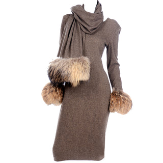 Gai Mattiolo Deadstock Fur Trimmed Wool Vintage Dress and Wrap with original tags