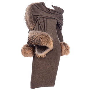 Gai Mattiolo Deadstock Fur Trimmed Wool Vintage Dress and Wrap Size 10