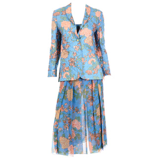 1970s Galanos Numbered Blue Floral Silk Chiffon 2pc Dress & Quilted jacket skirt & top